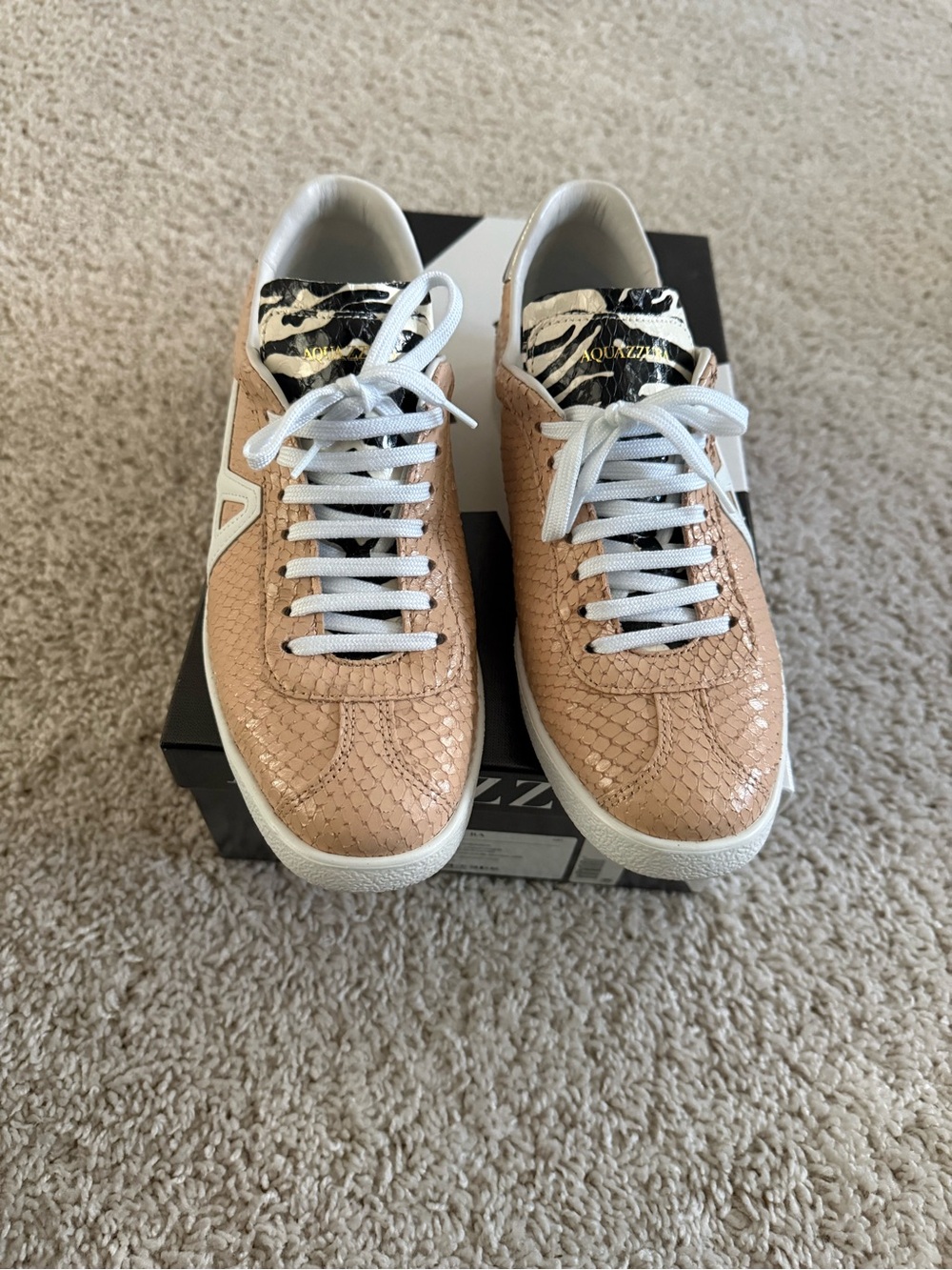 Aquazzura womens Peach Snakeskin-Texture Sneakers with Zebra Tongue